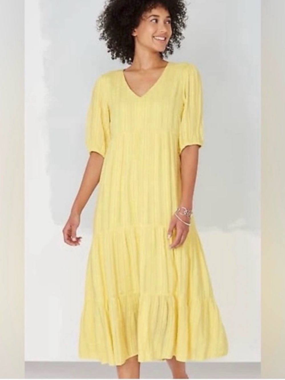 J. Jill Jacquard Tiered Yellow V-Neck Lined Midi Dress in Pineapple Size XL Tall